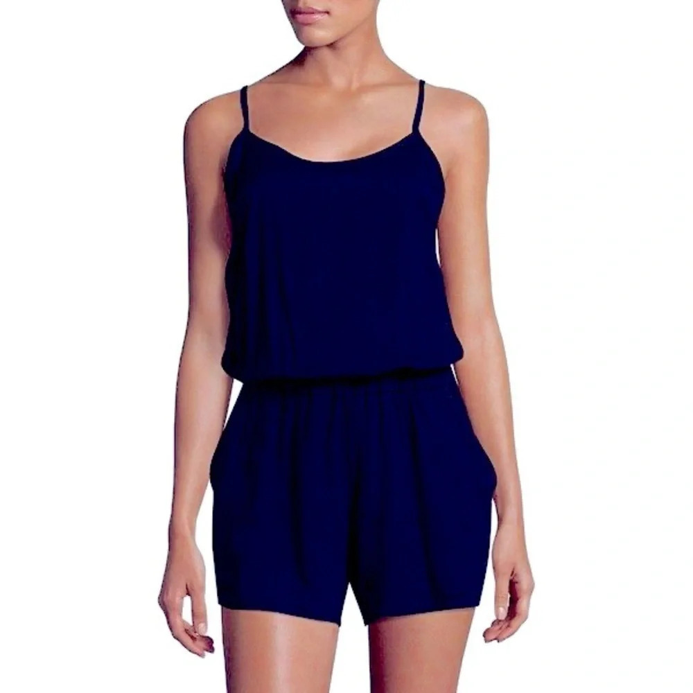Splendid Navy Rayon Spaghetti Strap Elastic Waist Romper With Pockets Size Xs